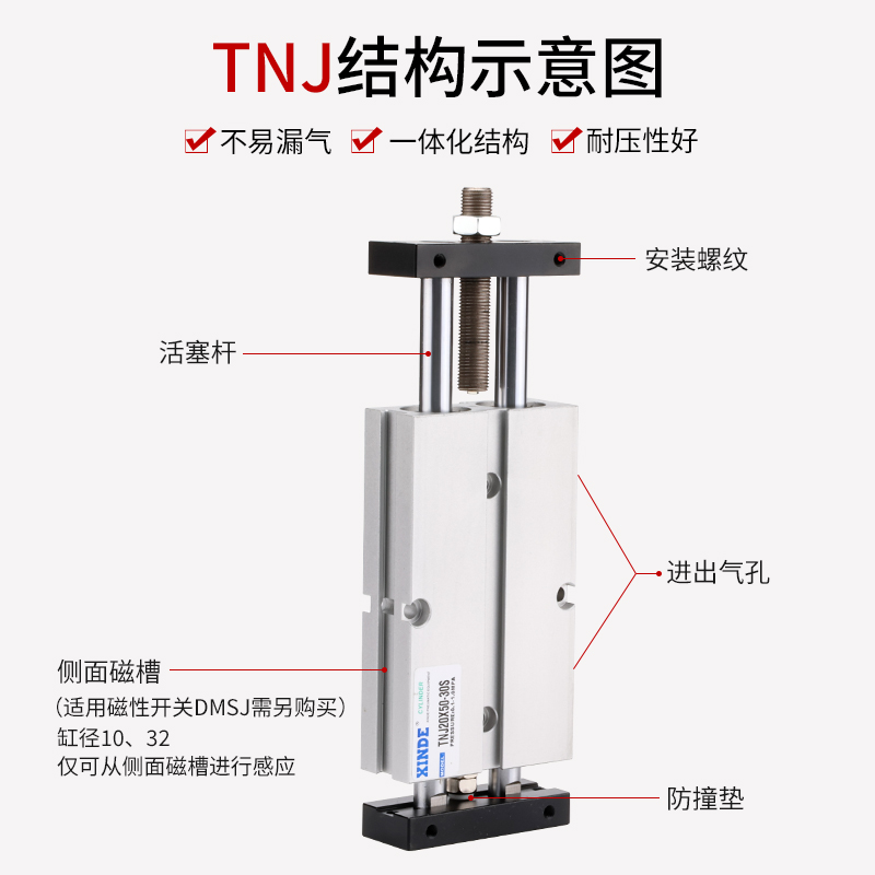 TNJ可调行程气缸 气动双轴双杆10/16/20/25/32*20/30/50/75-10-30