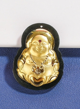 金镶玉墨玉观音弥勒佛吊坠足金红钻观音菩萨笑佛男女玉石项链挂件