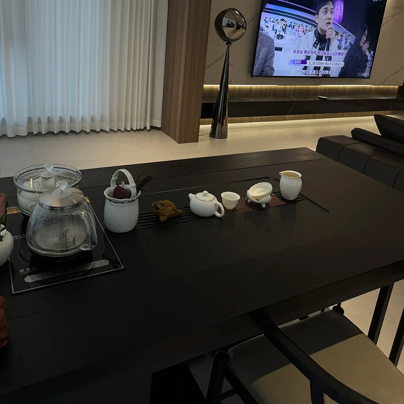 新中式纯黑茶桌椅组合现代办公室家用乌金石茶盘烧水壶一体泡茶台,淘宝优惠券,粉丝福利购,淘宝优惠卷