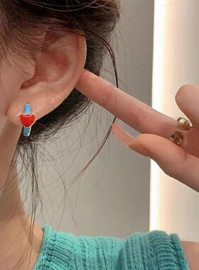 红色珐琅滴釉拼色爱心耳扣女高级感耳饰女轻奢独特精致气质耳环