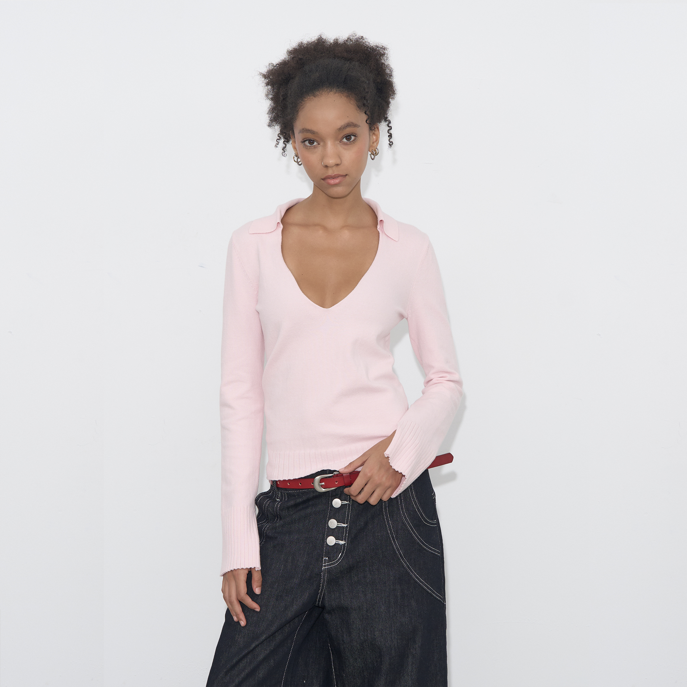 Grown Notold多色翻领大v领鸡心领慵懒松弛修身堆堆长袖T恤针织衫 - 图2