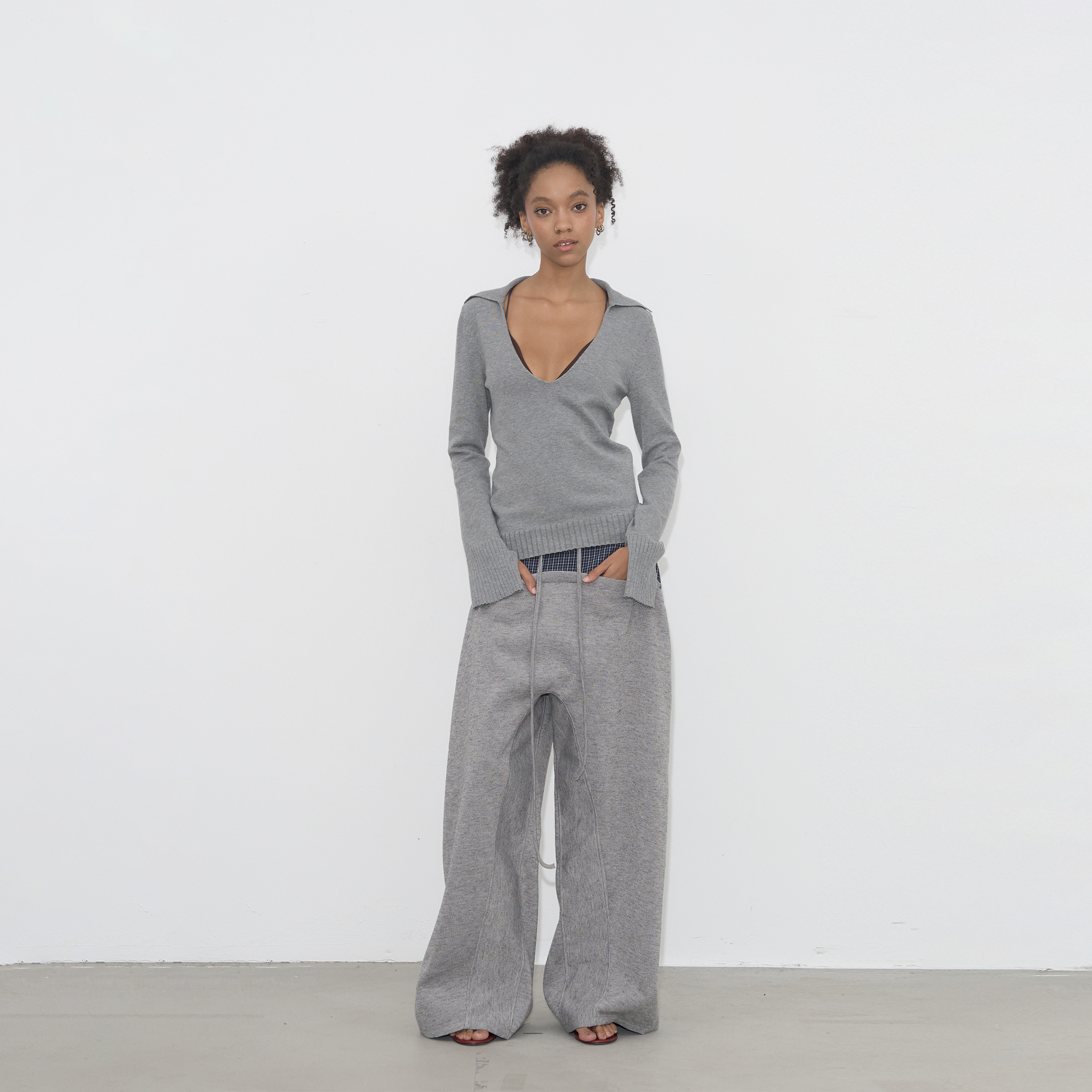 Grown Notold多色翻领大v领鸡心领慵懒松弛修身堆堆长袖T恤针织衫 - 图3