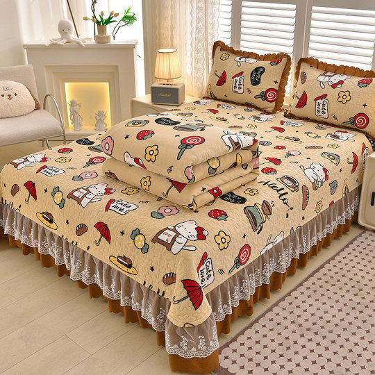 Autumn and winter milk velvet bed cover four-piece set thickened quilted skirt
