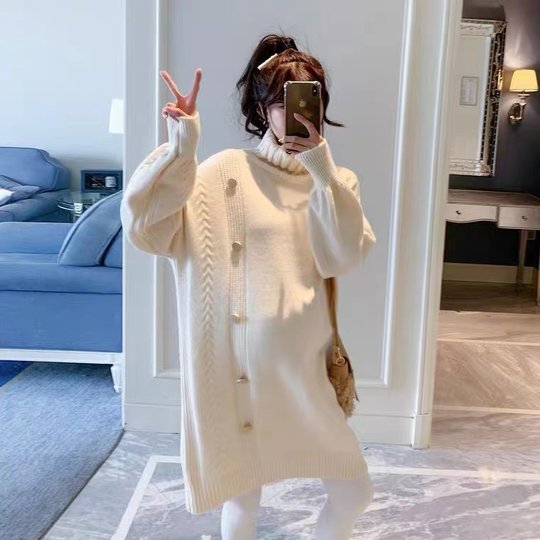 加大码孕妇高领毛衣秋冬装中长款针织打底衣气质长袖连衣裙200斤