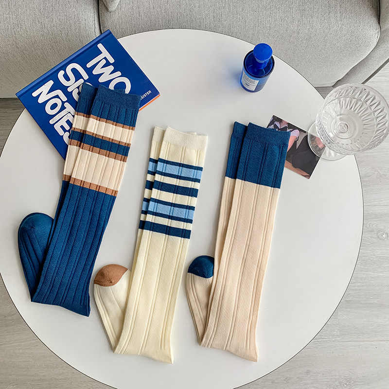 蓝色jk小腿袜女春夏日系学院风甜美长筒袜子条纹显瘦及膝高筒棉袜,淘宝优惠券,粉丝福利购,淘宝优惠卷