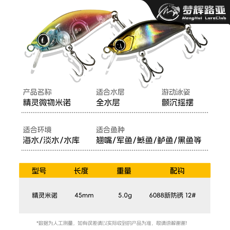 梦辉精灵微物米诺慢收启动6088三本钩翘嘴鳜鱼鲈鱼米诺路亚饵,淘宝优惠券,粉丝福利购,淘宝优惠卷
