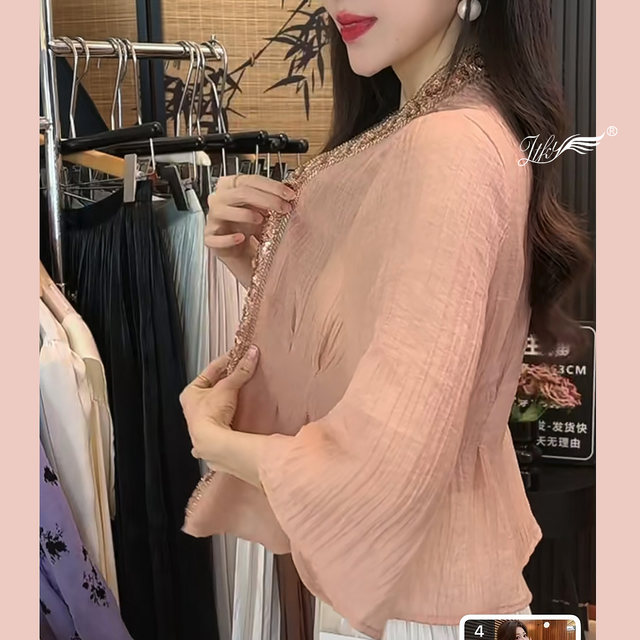 ເສື້ອຢືດ chiffon ຄໍ V-neck pleated ແບບຝຣັ່ງ niche