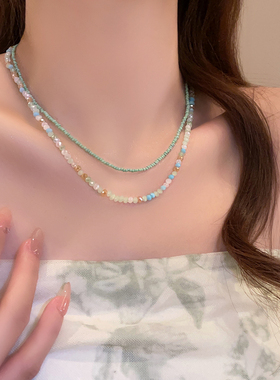 日韩彩色串珠双层叠戴项链女