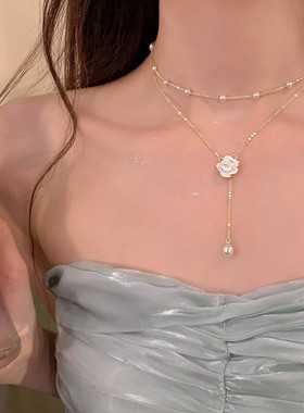 合金材质山茶花珍珠项链锁骨链女