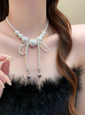 法式珍珠蝴蝶结项链女