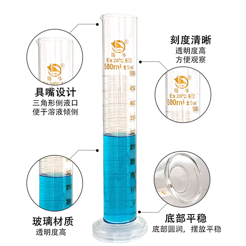 蜀牛量筒 刻度量筒实验室玻璃量具计量筒50ml/100/250/500/1000ml - 图1