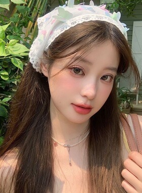 ins甜美薄纱彩色蝴蝶三角头巾女海边度假网红拍照田园风绑系发带