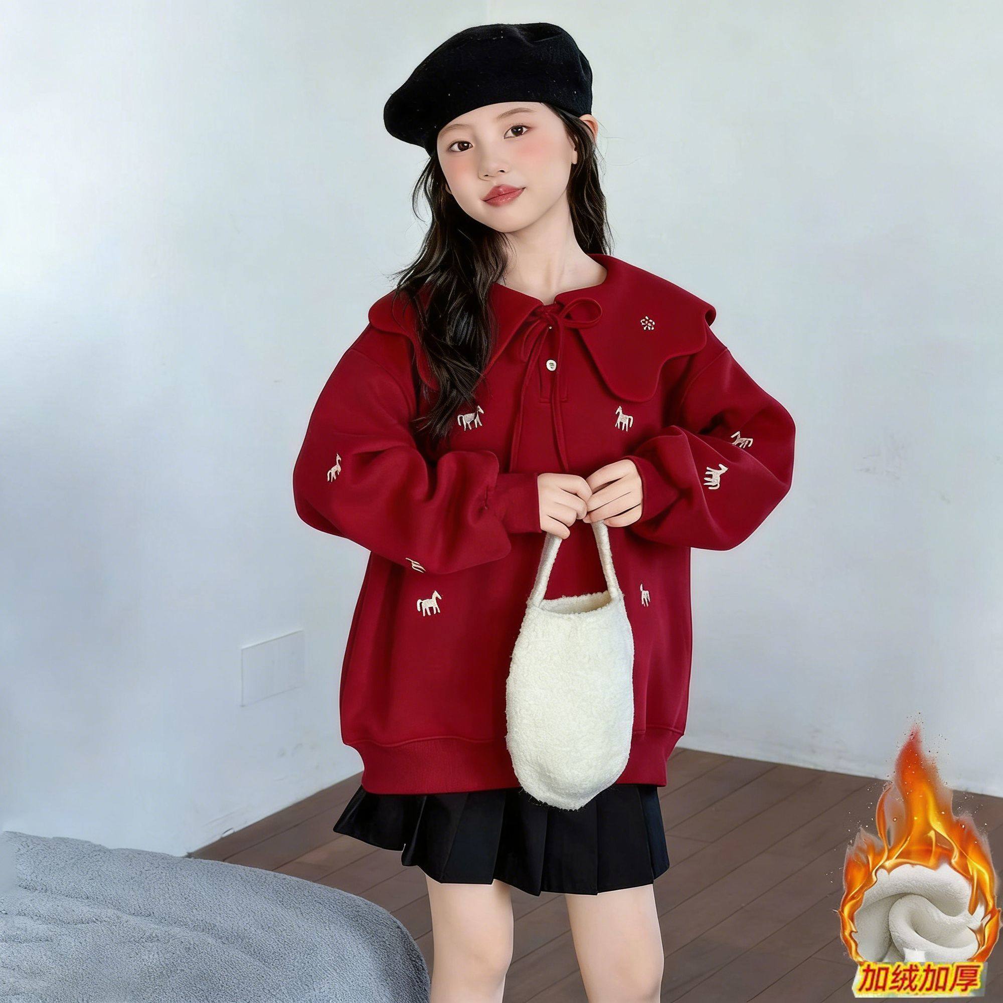 甜美女童绣花小马卫衣2026加绒加厚本命年拜年服上衣娃娃领公主风,淘宝优惠券,粉丝福利购,淘宝优惠卷