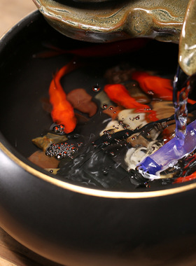 太阳能不插电流水摆件陶瓷招财中式禅意茶桌办公室桌面生财阳台