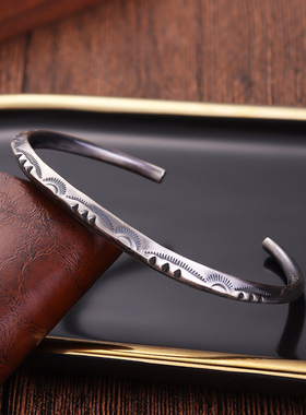 男纯银复古开口手链手镯