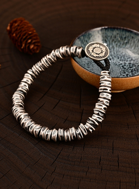 手工捶打碎银子复古潮流福扣银盘缠925银高级手链手串嘻哈男女款