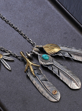 925银高桥吾郎风格鹰爪羽毛银项链女男士太角链套链