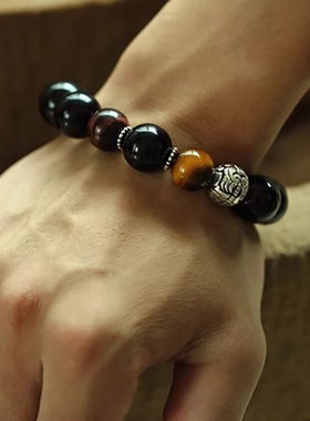 天然水晶招财好运正能量简约大气时尚黑玛瑙纯银貔貅手串手链男款
