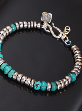 925银盘缠手工捶打绿松石扎基拉姆招财神高级潮流手链串男款复古