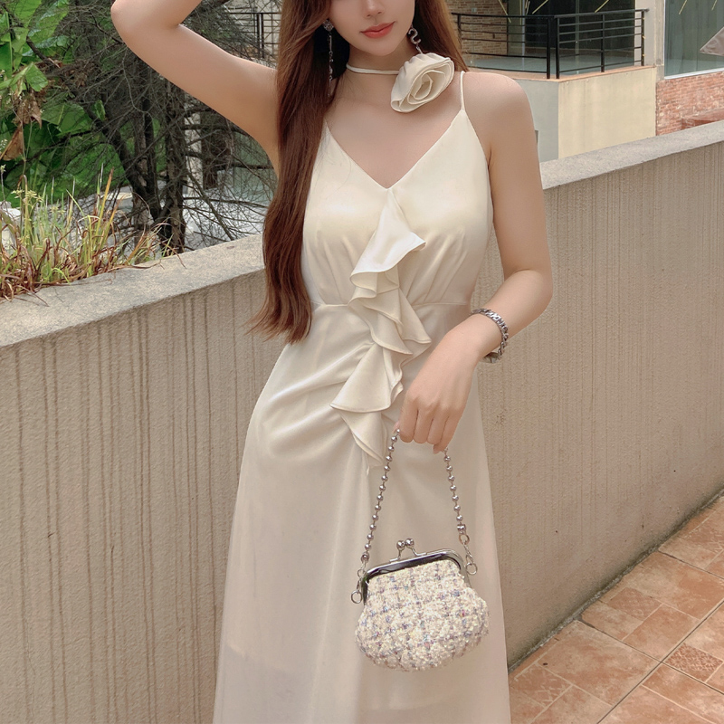 粉红大布娃娃法式V领修身立体花颈饰吊带连衣裙女名媛礼服裙宴会 - 图2