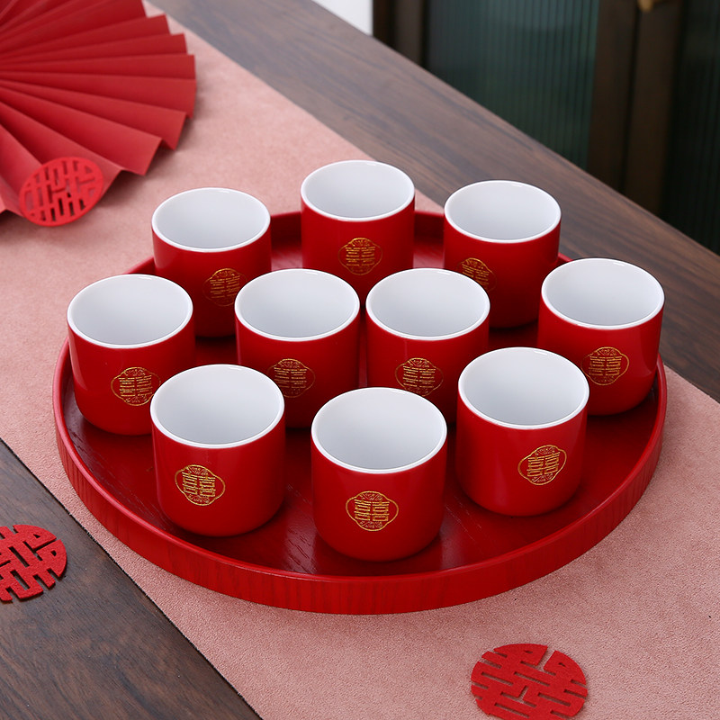 陶瓷单杯结婚茶具新娘敬茶杯功夫品茗杯描金红色双喜中式婚庆托盘,淘宝优惠券,粉丝福利购,淘宝优惠卷
