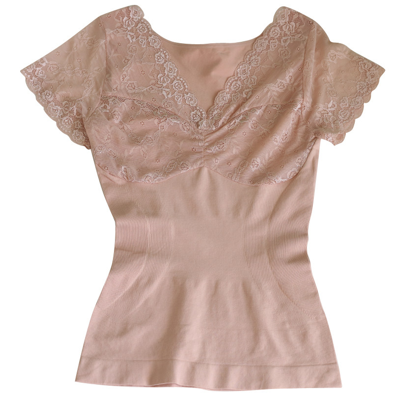 塞德纳蕾丝V领短袖塑身衣美体打底衫无缝压力束腰收腹性感女上衣,淘宝优惠券,粉丝福利购,淘宝优惠卷