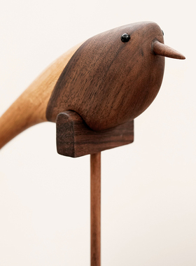 黑胡桃木拼樱桃木茶室创意小鸟摆件玄关桌面中式文玩木雕工艺摆件