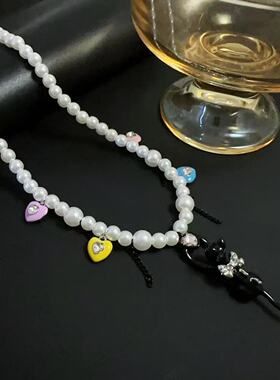 甜酷辣妹风Y2K蝴蝶结黑色猫咪珍珠项链女彩色爱心串珠锁骨链颈链