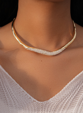 欧美跨境简约镶钻几何褶皱圆形项链轻奢感项圈时尚个性项饰女