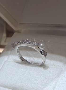日系平衡木爆闪满锆银色珍珠戒指简约气质感独特设计百搭指环