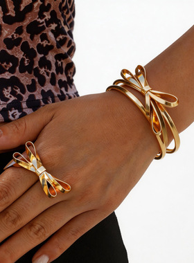 欧美跨境金属感光面蝴蝶结简约戒指手镯轻奢时尚百搭手饰套装