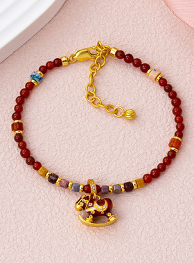 新年珐琅小马手链项链红色天然石马年串珠叠戴轻奢简约百搭套装