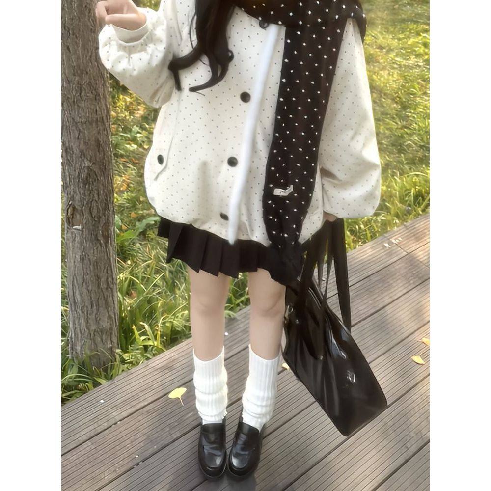波点新款杏韵甜系可爱少女波点毛呢外套校供感K短裙围巾三件套,淘宝优惠券,粉丝福利购,淘宝优惠卷