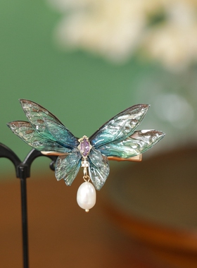 花间精灵蓝色蝴蝶发夹古风