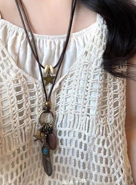 新中式禅意长款羽毛项链女复古民族风叠戴毛衣链新款波西米亚配饰