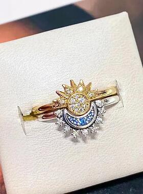 日月同辉叠戴戒指女太阳月亮情侣开口对戒跨境爆品时尚设计指环