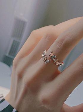 银色蝴蝶环绕戒指女小众设计甜美轻奢开口可调节指环送女朋友礼物