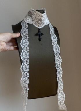 复古白色蕾丝十字架长条丝巾项链女法式纯欲风独特绝美锁骨链配饰