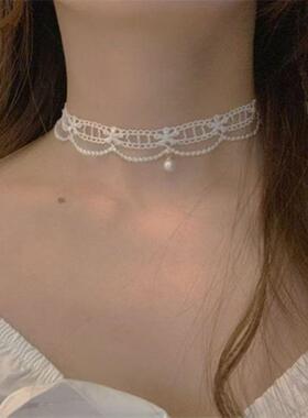 choker项链女白色蕾丝珍珠颈链少女气质项圈颈带超仙锁骨链脖饰