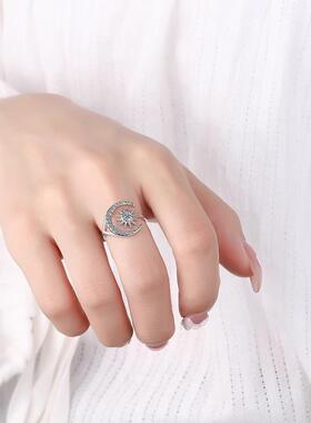新款日系精致锆石戒指 轻奢小众日月开口可调节指环 星空戒指女