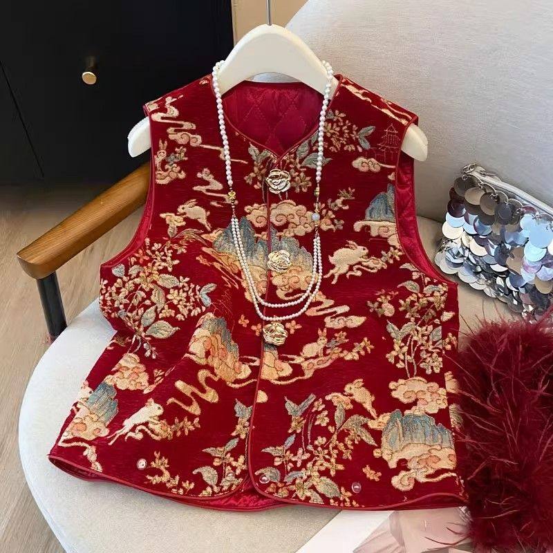 红色国风马甲新中式鸵鸟毛马夹重工刺绣坎肩背心秋冬夹棉女款外套,淘宝优惠券,粉丝福利购,淘宝优惠卷