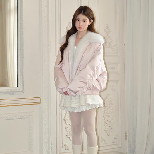 RECIT 淡粉色光泽感缎面拼毛廓形ins少女风宽松慵懒感羽绒服冬 - 图2