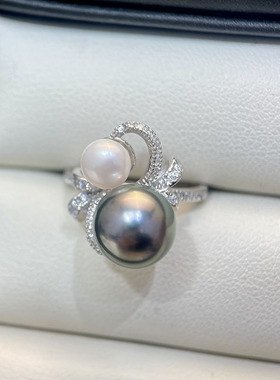 S925纯银精致锆石蝴蝶结双珠戒指