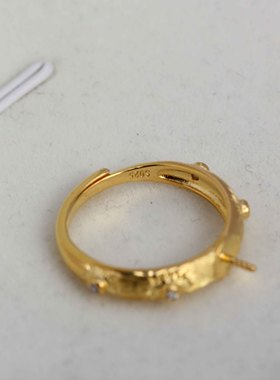 DIY配件 新款S925纯银拉丝镶锆戒指空托厚版银饰复古大方F