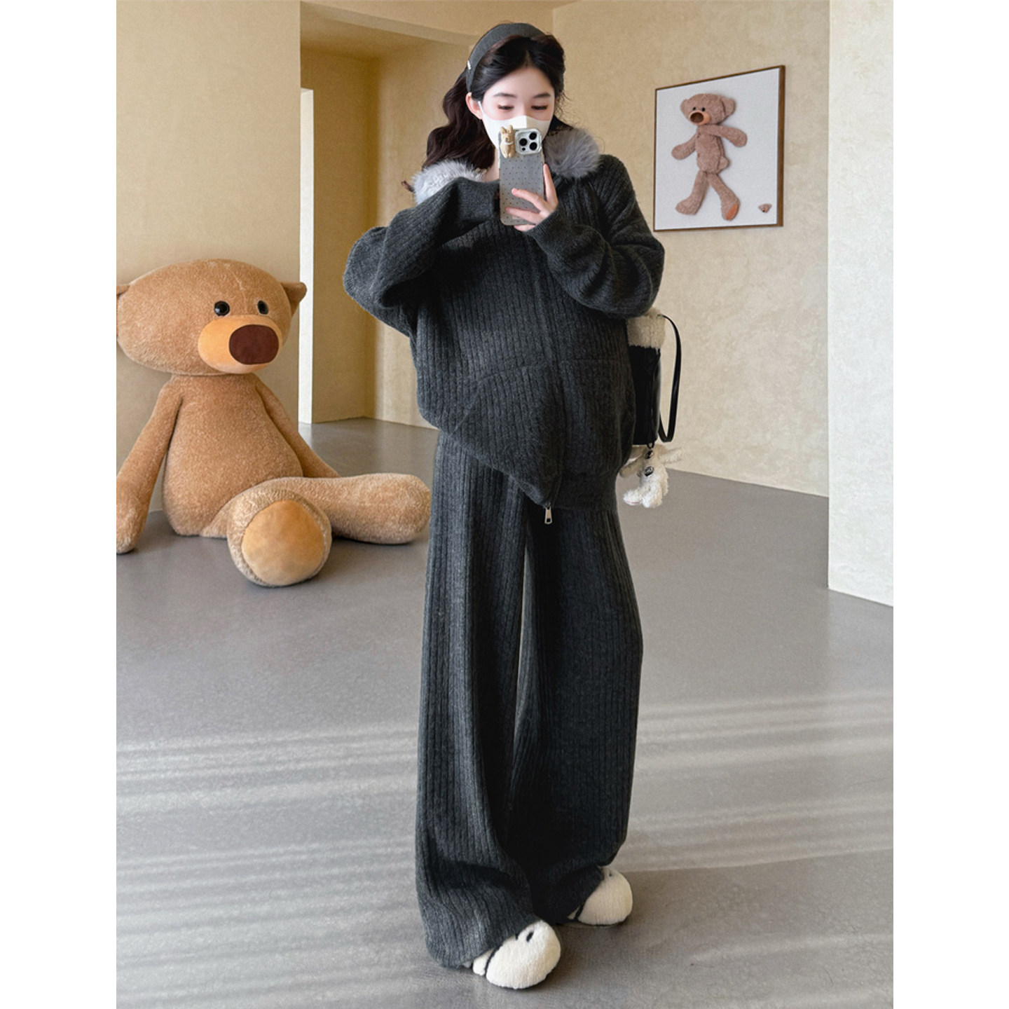 孕妇套装2025新款冬装慵懒风宽松休闲毛领连帽针织开衫外套阔腿裤,淘宝优惠券,粉丝福利购,淘宝优惠卷