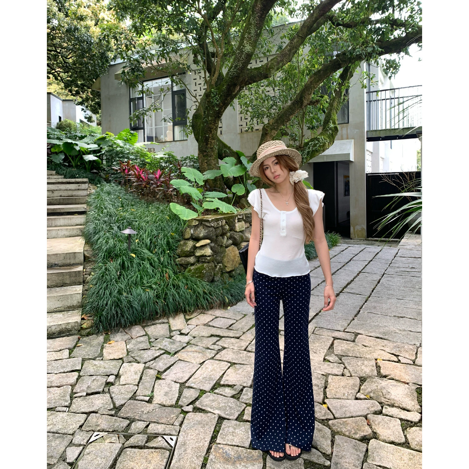 孕妇波点微喇裤子春秋季款外穿弹力孕期不勒肚子拖地长裤夏季薄款