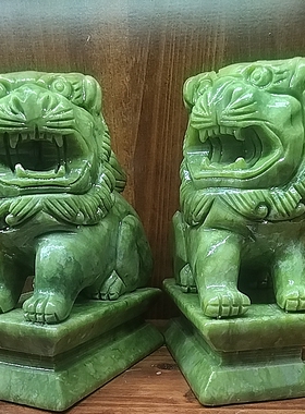 天然狮子摆件一对青绿色吉祥镇宅助运平安看门居家用工艺摆件