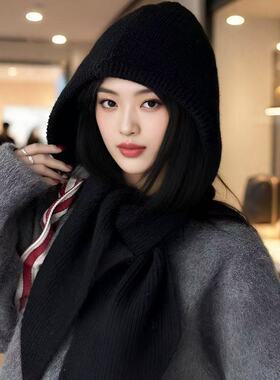 韩系毛线帽子围巾一体保暖针织帽女红色秋冬新款护耳巴拉克拉法帽