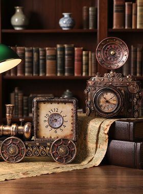美式复古摆设老物件书房家用玄关电视柜装饰摆件装饰品朋克风时钟