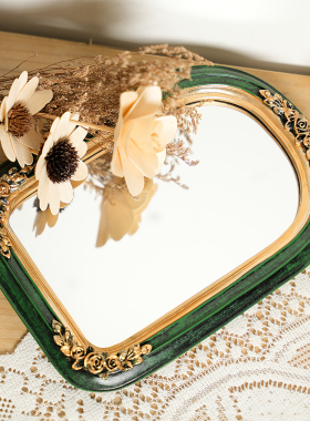 法式复古绿色古典轻奢树脂雕花化妆镜椭圆可壁挂摆台浴室装饰摆件